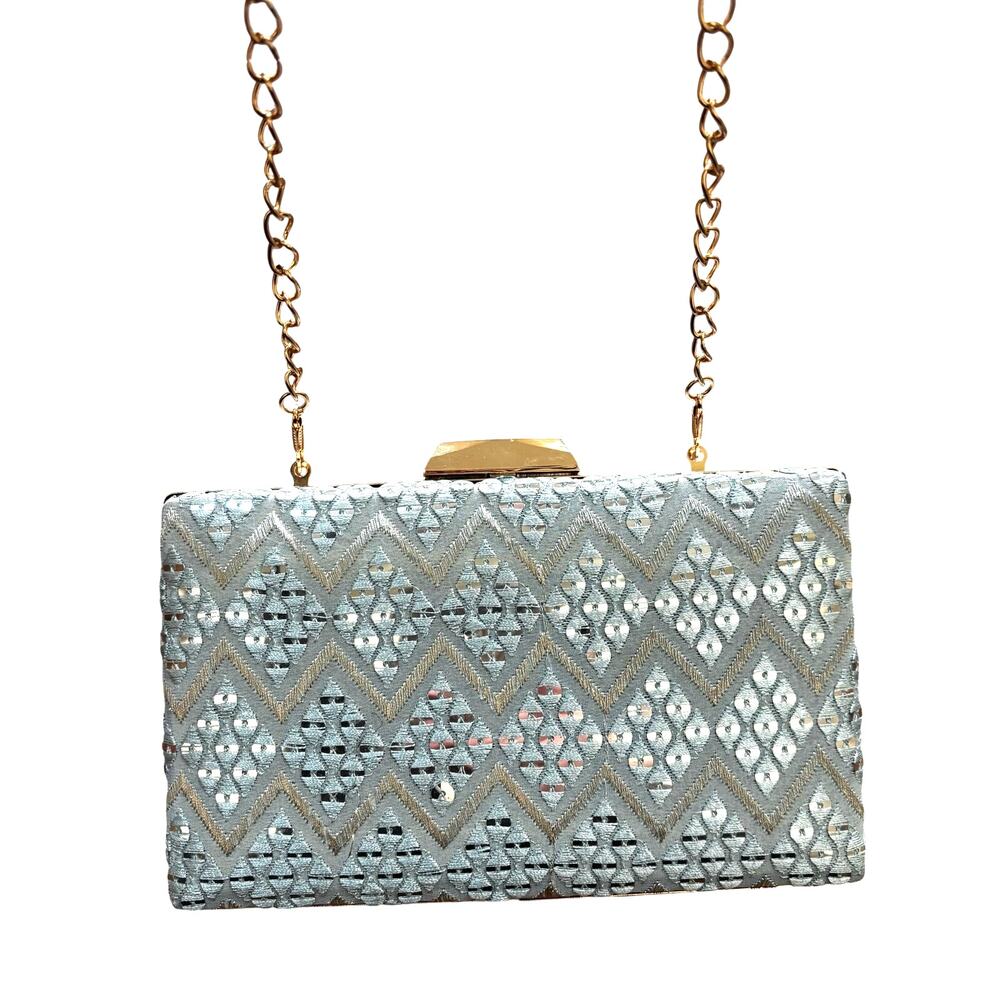 Dressy Evening Bag converts to clutch purse geometric sequins silvery blue gold